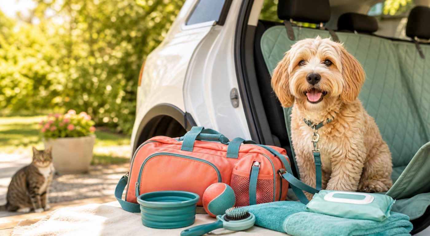 Dog ready for a late-summer car ride with Toys4MyPet travel and grooming essentials