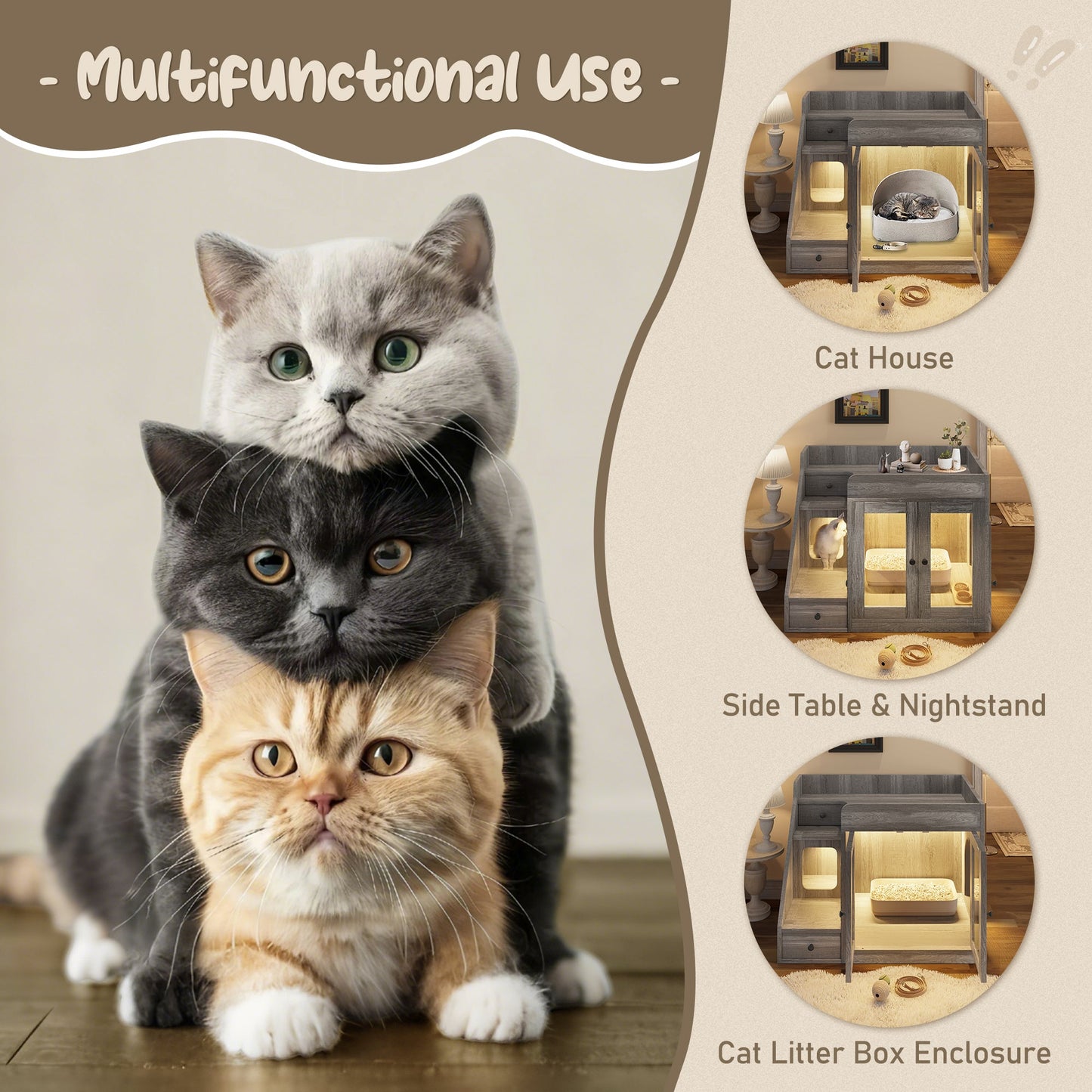 Cat Litter Box Enclosure with  Light , Hidden Litter Box Furniture