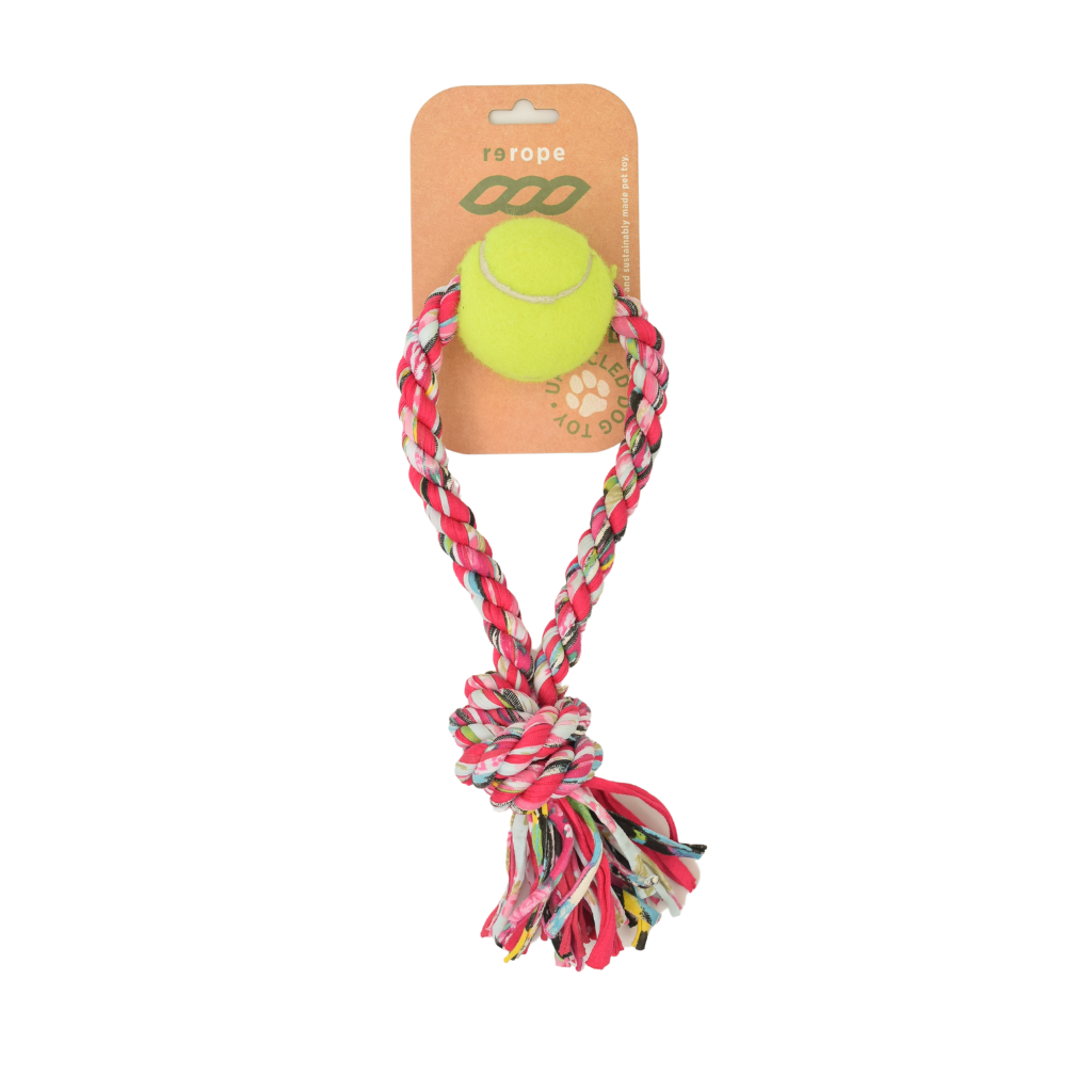 ReRope Small Looper with Tennis Ball Upcycled Fabric Rope Dog Toys