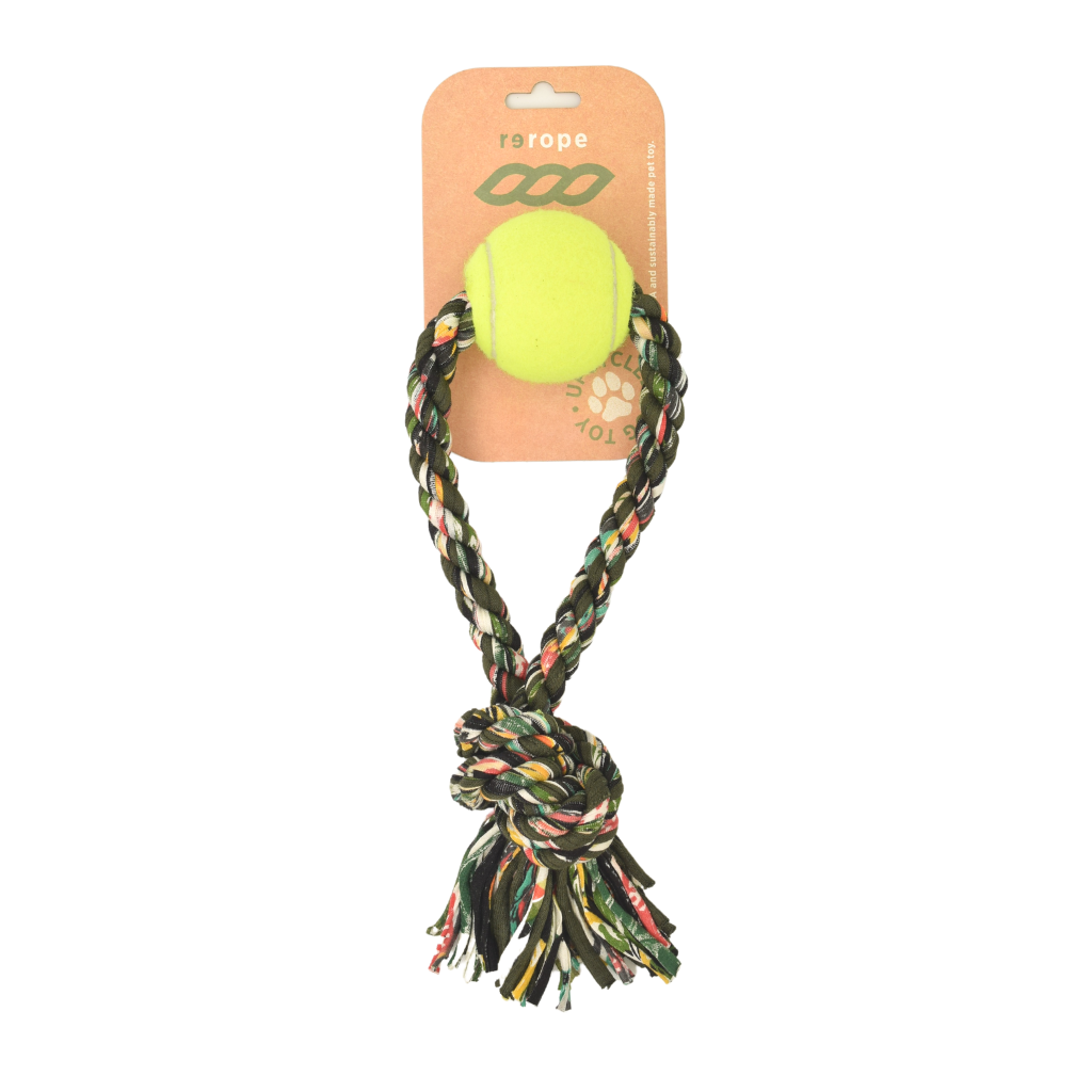 ReRope Small Looper with Tennis Ball Upcycled Fabric Rope Dog Toys