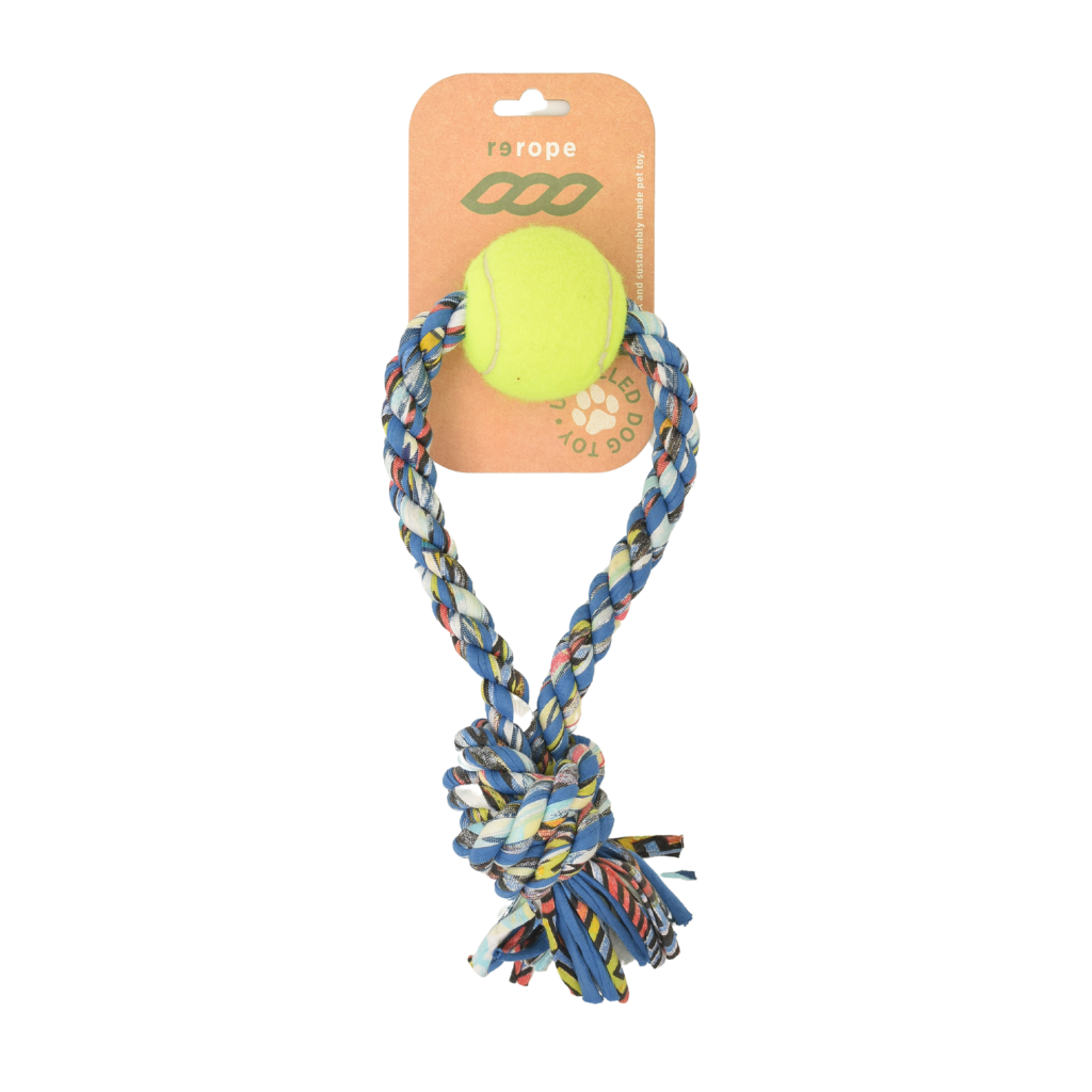 ReRope Small Looper with Tennis Ball Upcycled Fabric Rope Dog Toys