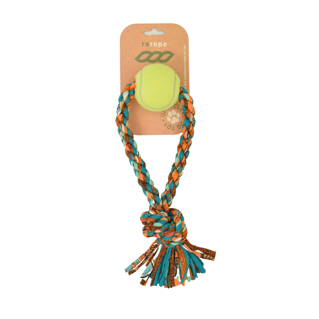 ReRope Small Looper with Tennis Ball Upcycled Fabric Rope Dog Toys