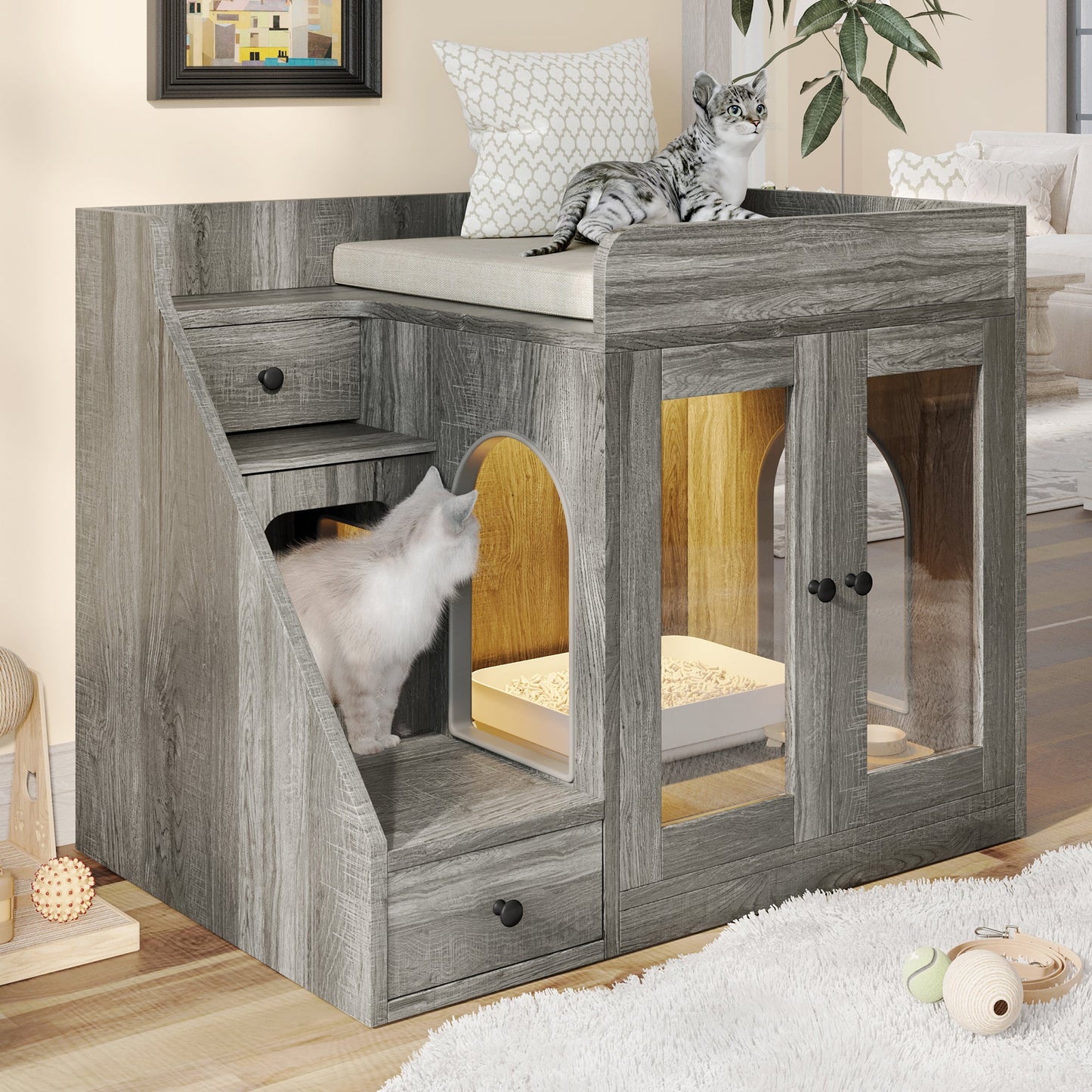 Cat Litter Box Enclosure with  Light , Hidden Litter Box Furniture