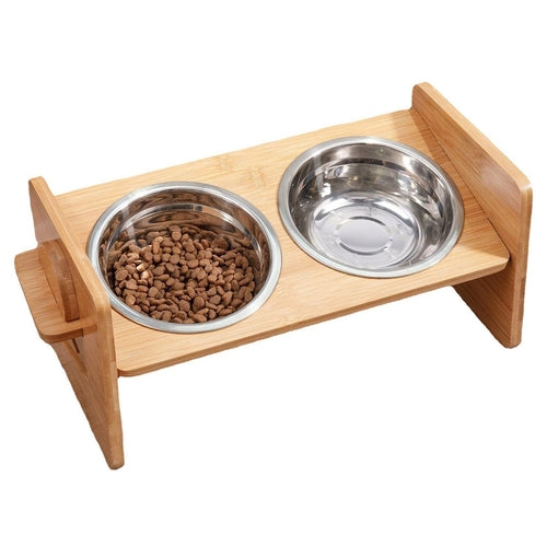 Bamboo Double Dog Raised Bowls 15 Degree Tilt Elevated Dog Bowls with