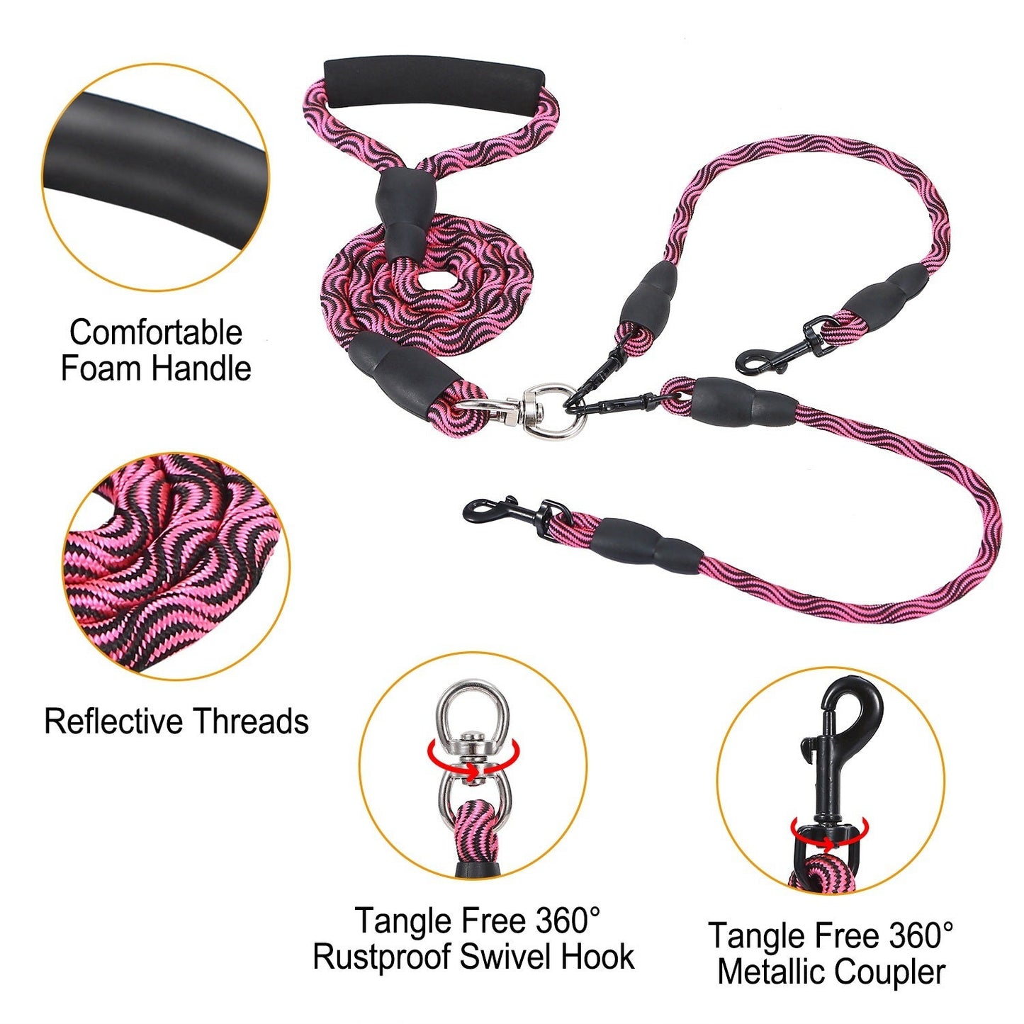 Double Dogs Leash No-Tangle Dogs Lead Reflective Dogs Walking Leash w/
