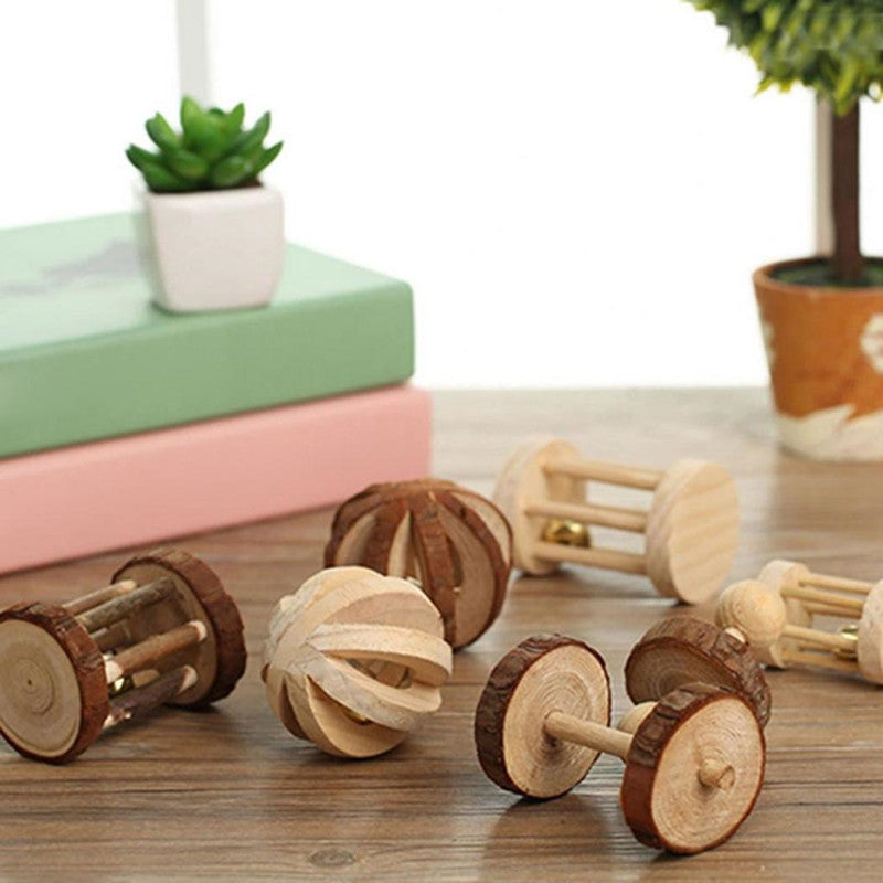 Cute Natural Wooden Rabbits Toys Pine Dumbells Unicycle Bell Roller