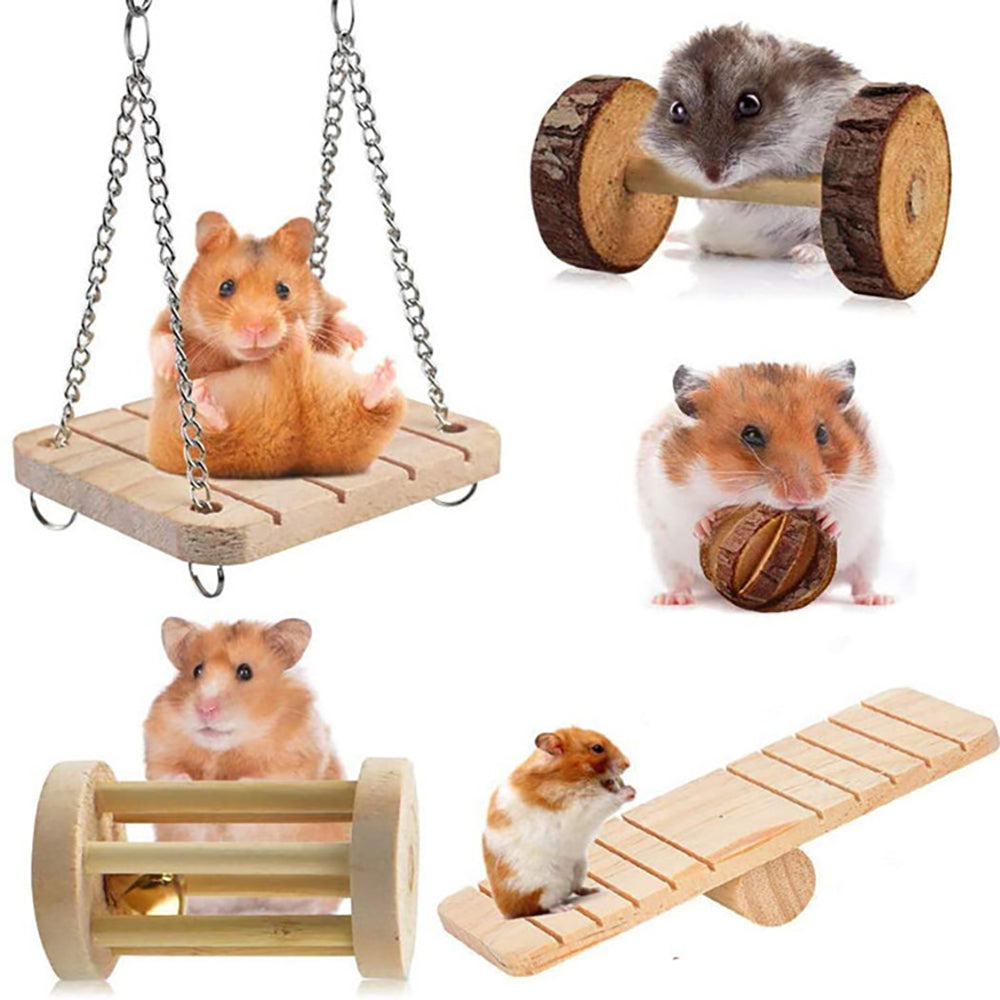 Cute Natural Wooden Rabbits Toys Pine Dumbells Unicycle Bell Roller