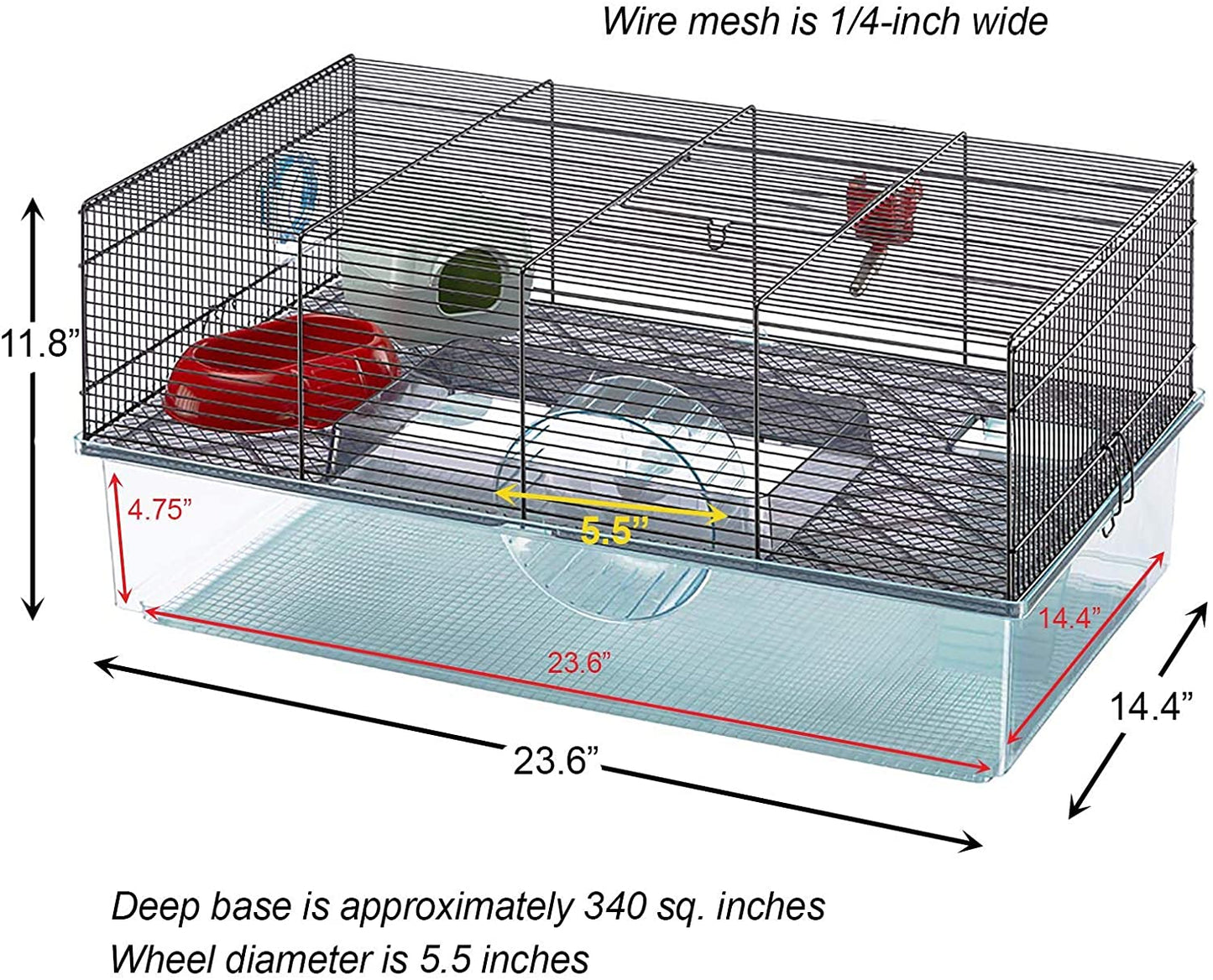 Hamster cage includes water bottle, exercise wheel food tray and